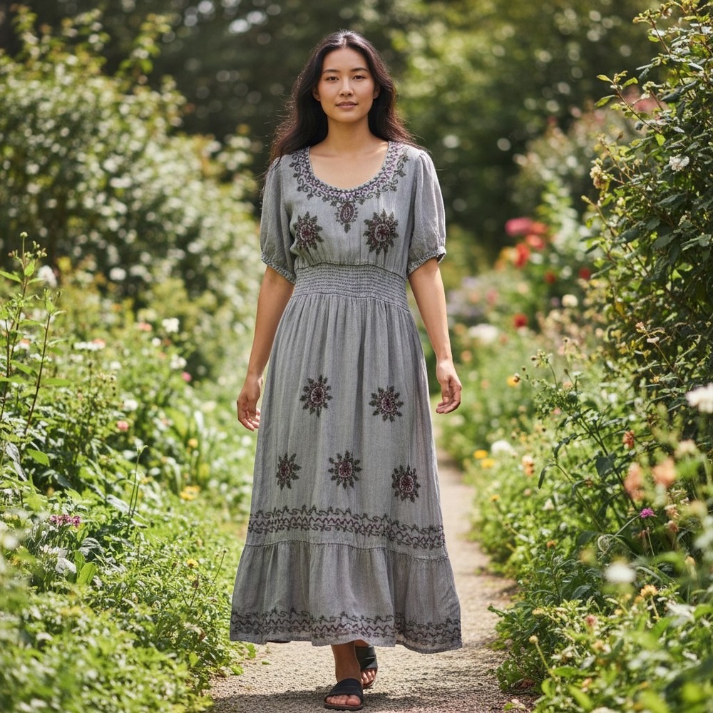 Anandas Collection Dress Women XL Gray Embroidered Smocked Midi Cottagecore Boho